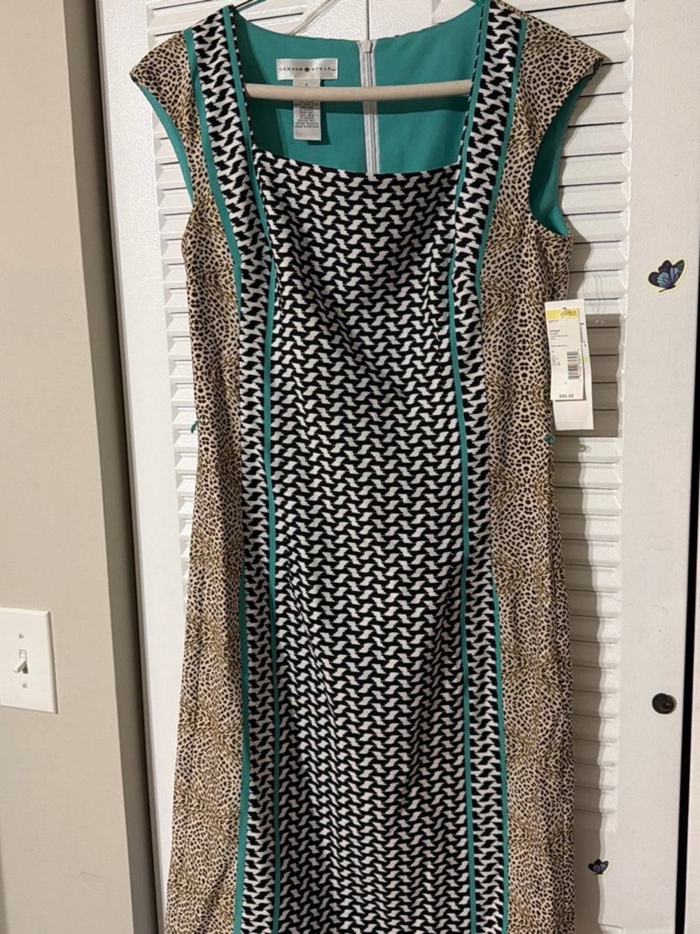 Anne Klein Black & White Geometric Print Sheath with Teal Trim
